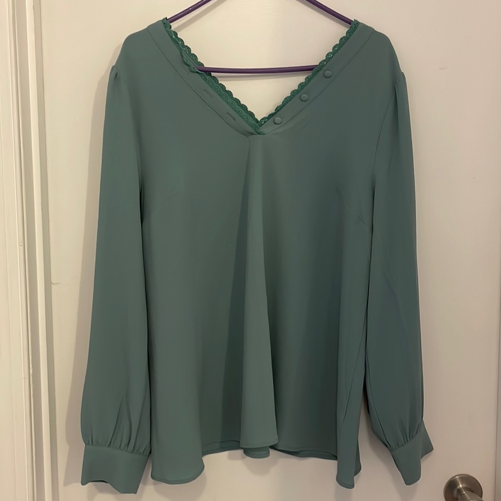 ModCloth V neck blouse Teal Business Dress EUC